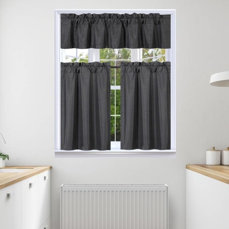 3Pc Set Solid Faux Silk Lined Blackout Rod Pocket Small Kitchen Window Curtain With Valance (K3) (Charcoal Grey)