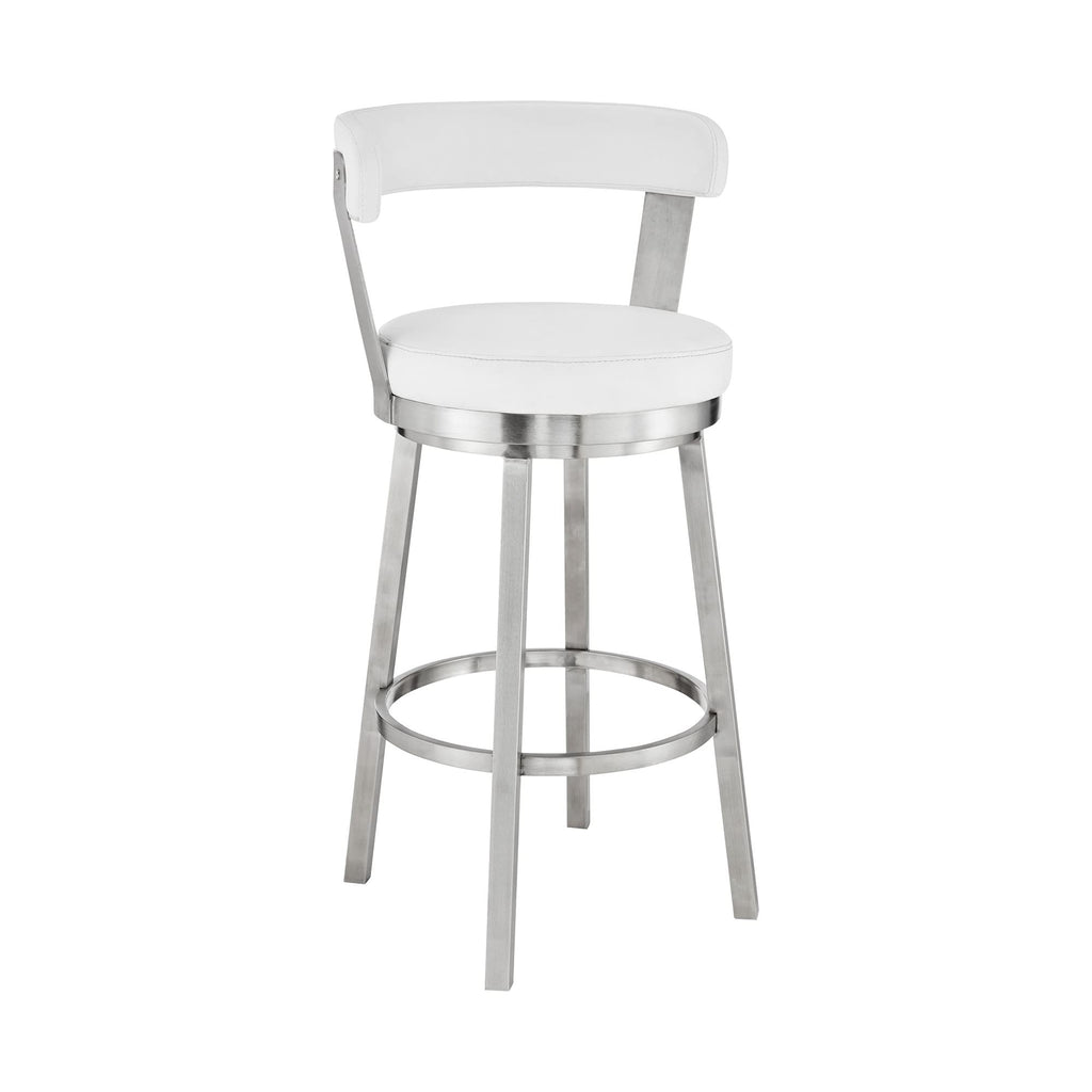 HomeRoots Stainless Steel. Faux Leather 26" Chic White Faux Leather with Stainless Steel Finish Swivel Bar Stool
