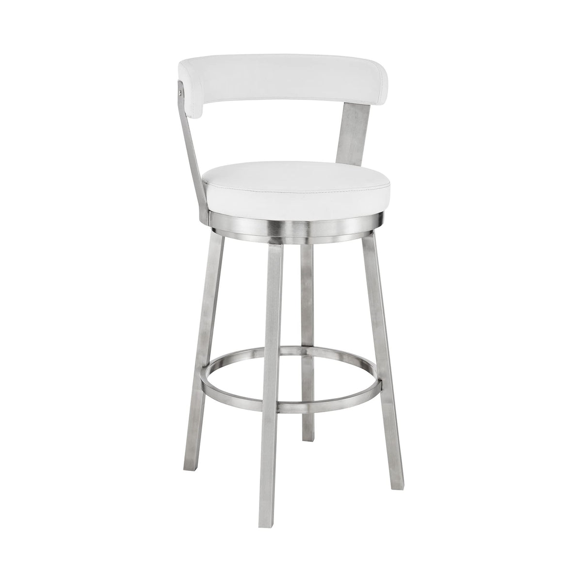 HomeRoots Stainless Steel. Faux Leather 26&quot; Chic White Faux Leather with Stainless Steel Finish Swivel Bar Stool