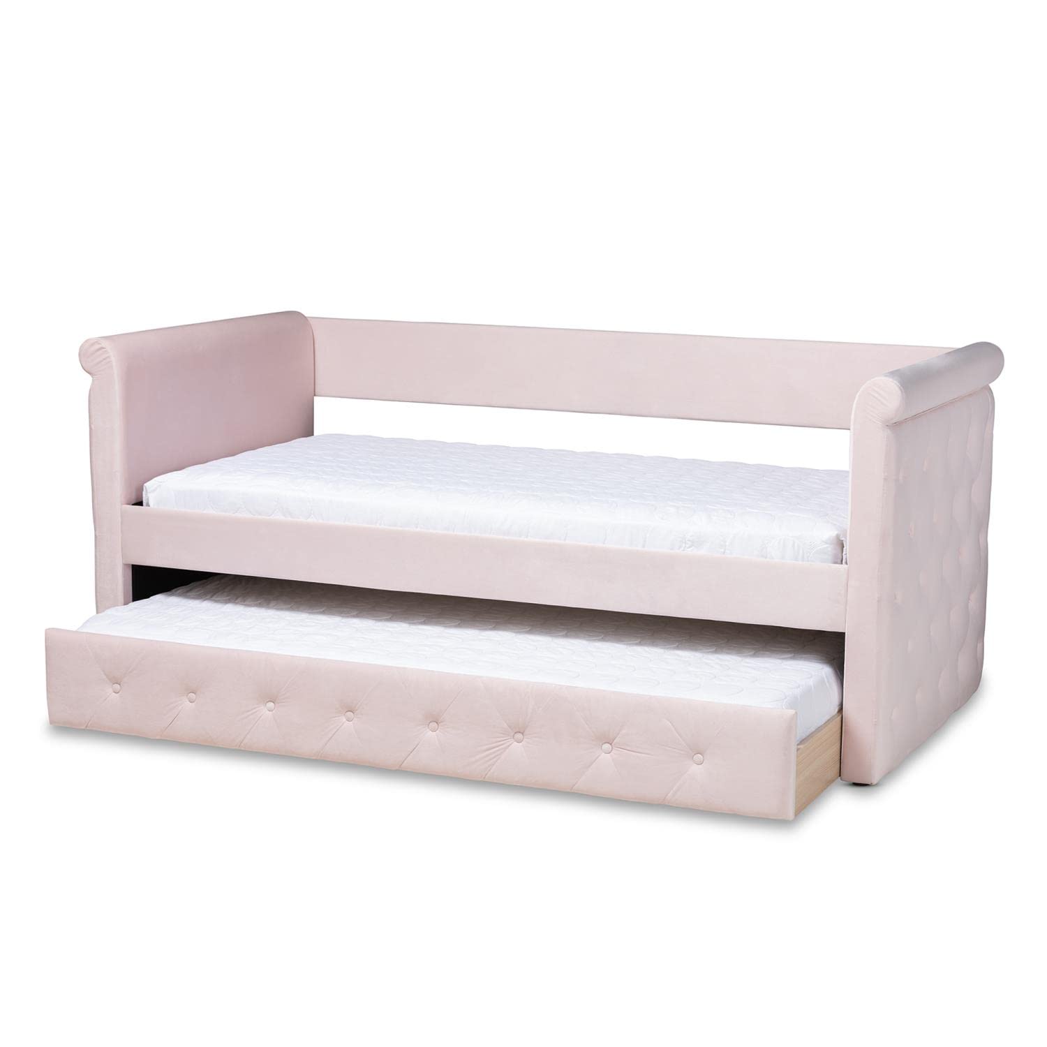 Baxton Studio Amaya Modern and Contemporary Light Pink Velvet Fabric Upholstered Twin Size Daybed with Trundle
