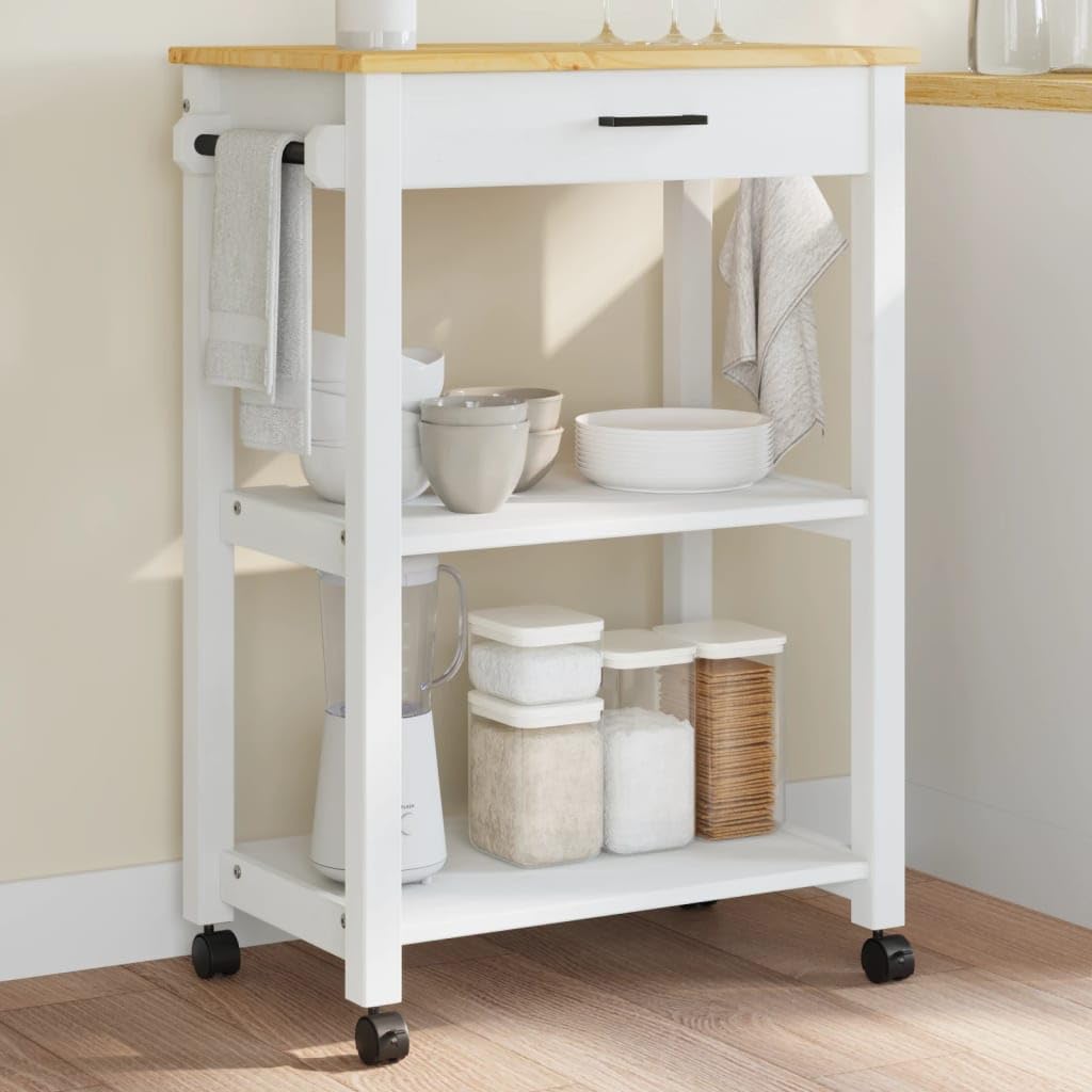 vidaXL Pine Wood Kitchen Trolley - White/Honey Wax Rolling Cart with Drawer, Shelves, and Wheels for Storage and Mobility