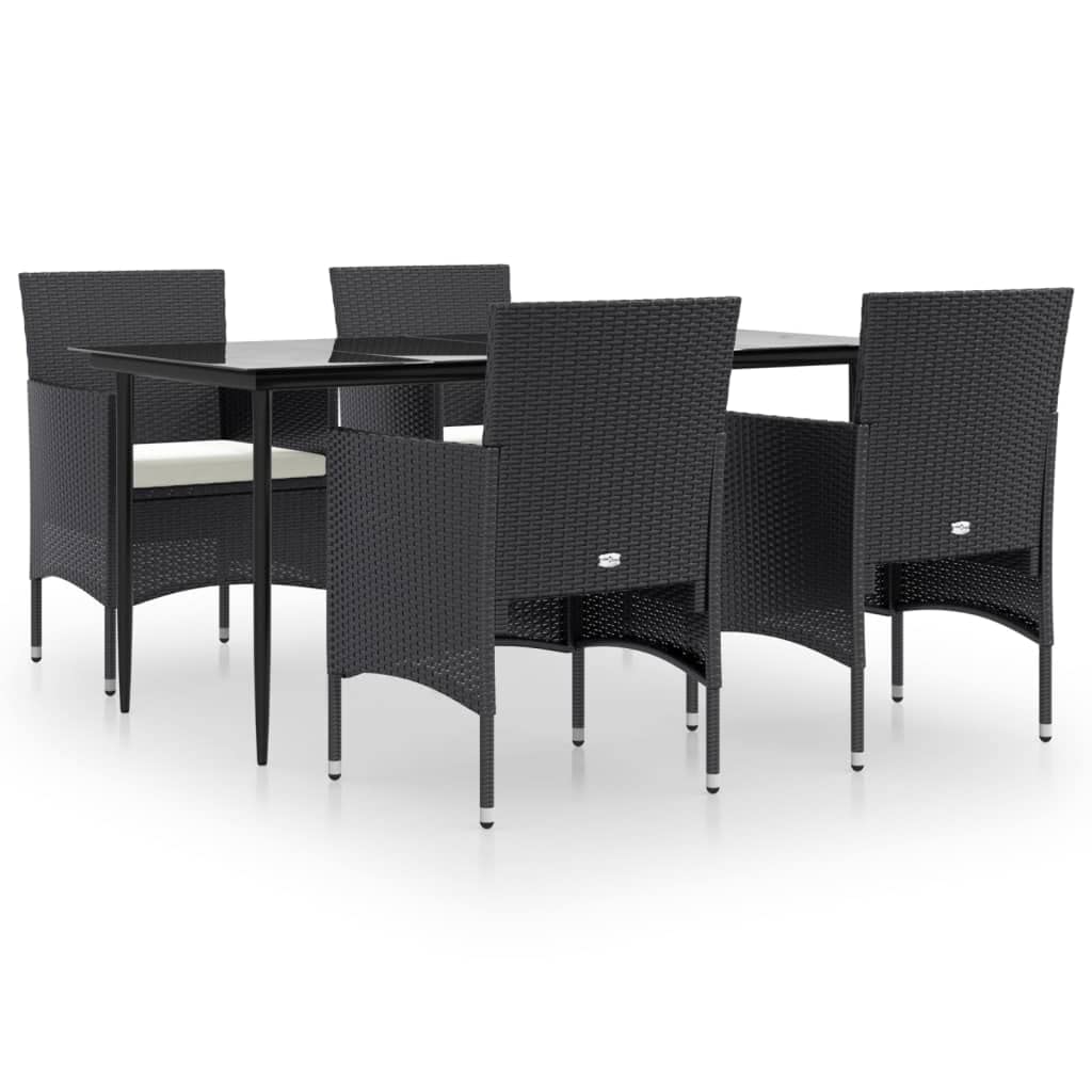 vidaXL 5 Piece Outdoor Patio Dining Set in Black - Weather-Resistant Rattan Furniture with Tempered Glass Table and Cushioned Chairs for Garden, Deck