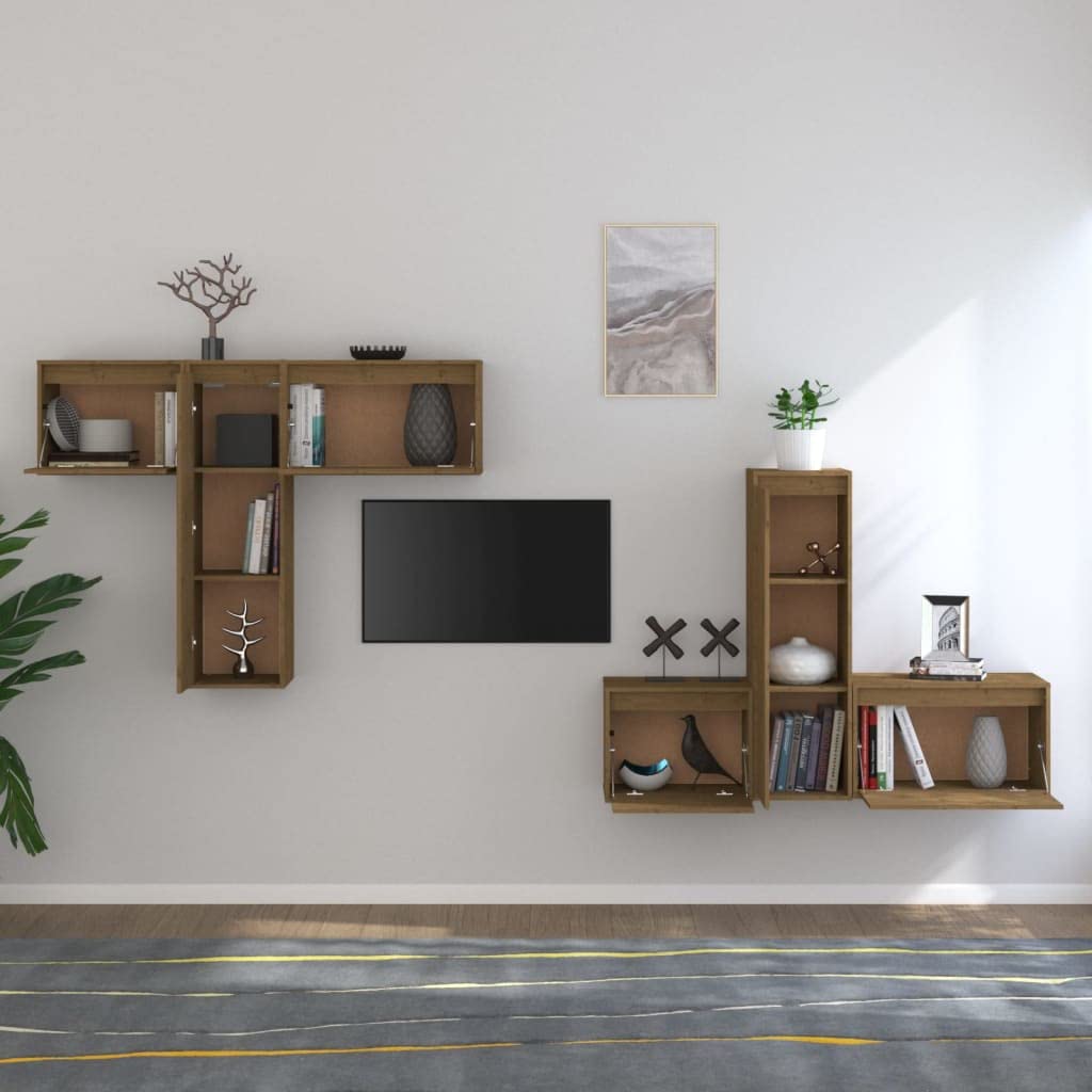 vidaXL TV Stand 6 Pcs, Wall Mounted Entertainment Center TV Console with Storage, Floating TV Stand for Living Room, Honey Brown Solid Wood Pine