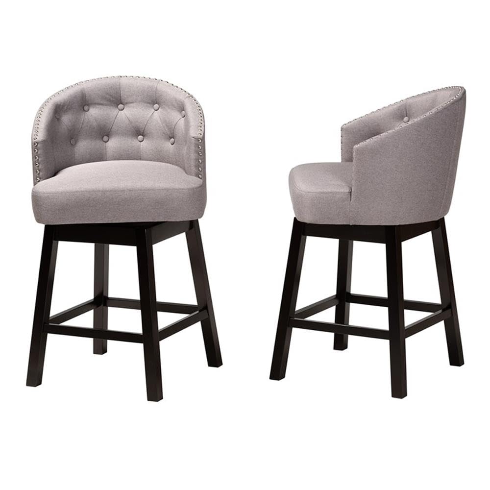 Baxton Studio Theron Mid-Century Transitional Grey Fabric and Espresso Brown Finished Wood 2-Piece Swivel Counter Stool Set