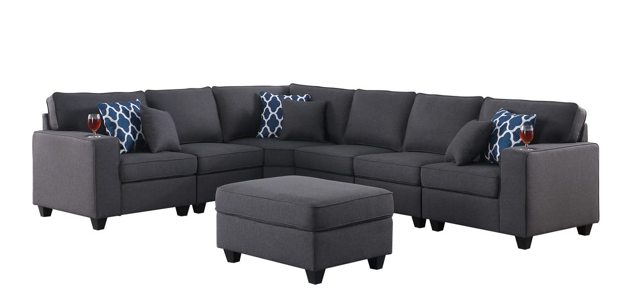 Lilola Home Cooper Dark Gray Linen 7Pc Reversible L-Shape Sectional Sofa with Ottoman and Cupholder