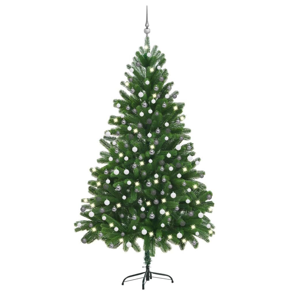 vidaXL Lifelike Artificial Green Christmas Tree with LED Lights and Ball Set - 82.7&quot; Tree with Steel Stand, PE Needles - White and Gray Decorations Included