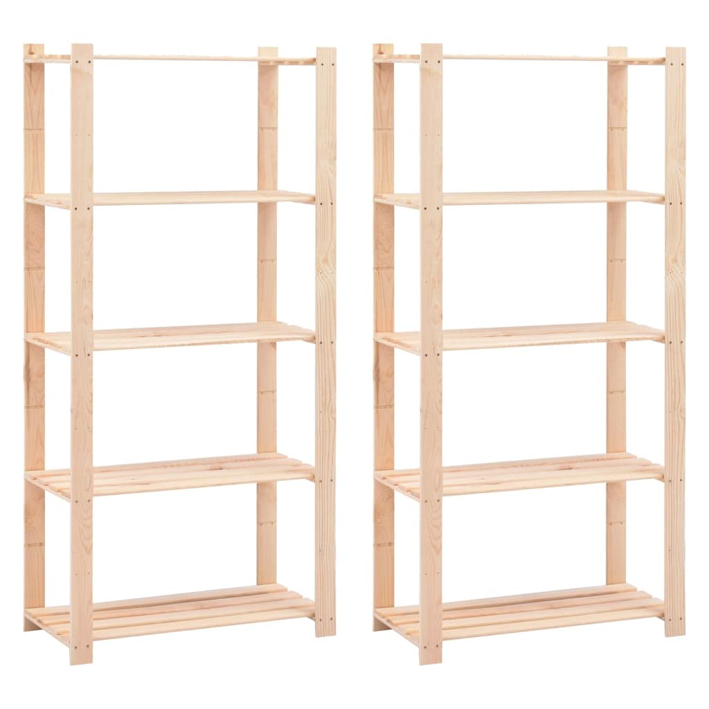 Vidaxl Beige 5-Tier Storage Racks, 2 Pcs, Solid Pinewood, 31.5&quot;X15&quot;X66.9&quot; With 551.2 Lb Maximum Loading Capacity