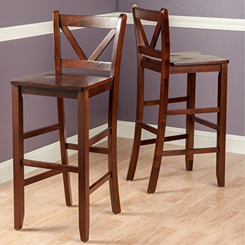 Ergode Wood Victor V-Back Bar Stools - Set of 2 | Antique Walnut Finish | Solid Beech Wood | 30' Height | Comfortable Seats | Stable & Stylish | Easy Assembly