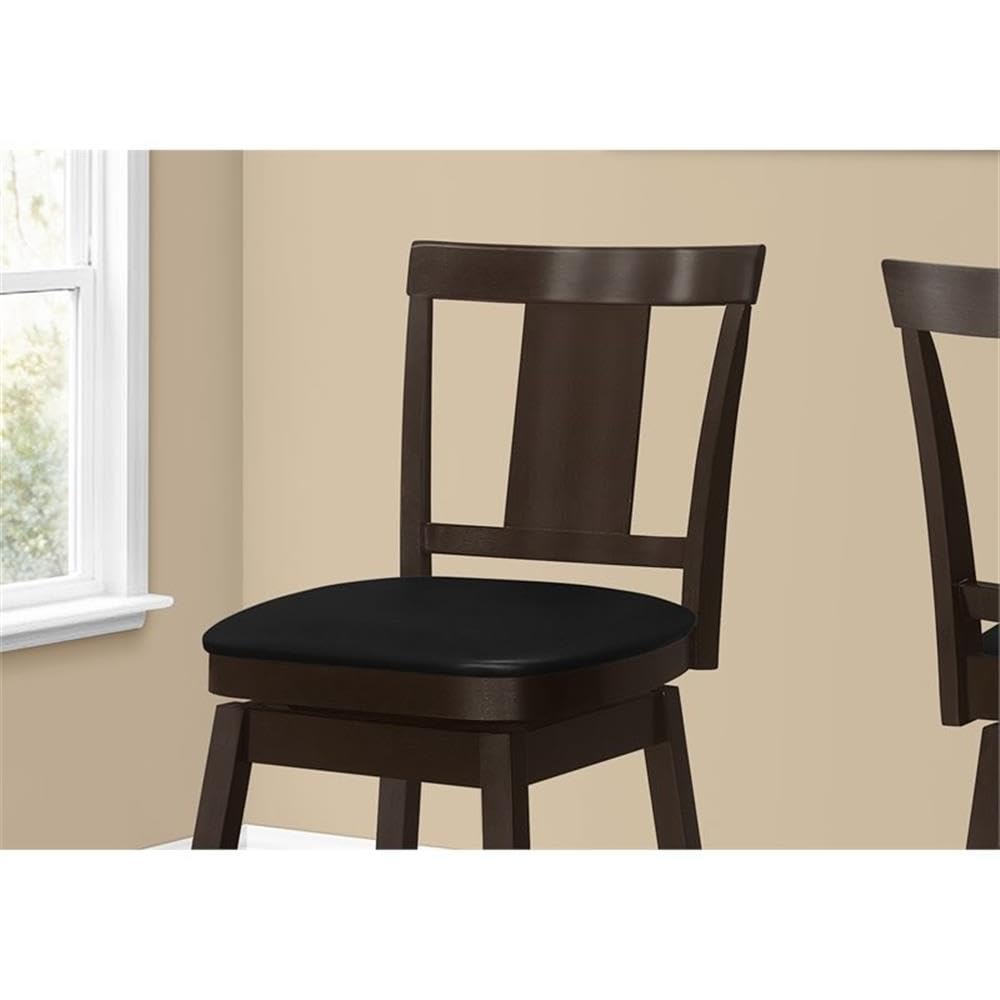 Monarch Specialties I 1230 Bar Stool, Set of 2, Swivel, Bar Height, Wood, Pu Leather Look, Brown, Black, Transitional