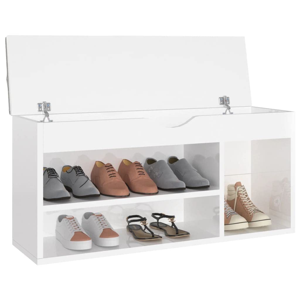 vidaXL Glossy White Shoe Bench with Detachable Cushion, 40.9&quot;x11.8&quot;x19.3&quot;, Comfortable Seating and Shoe Storage Solution, Engineered Wood & MDF, Modern Design, Easy to Clean.