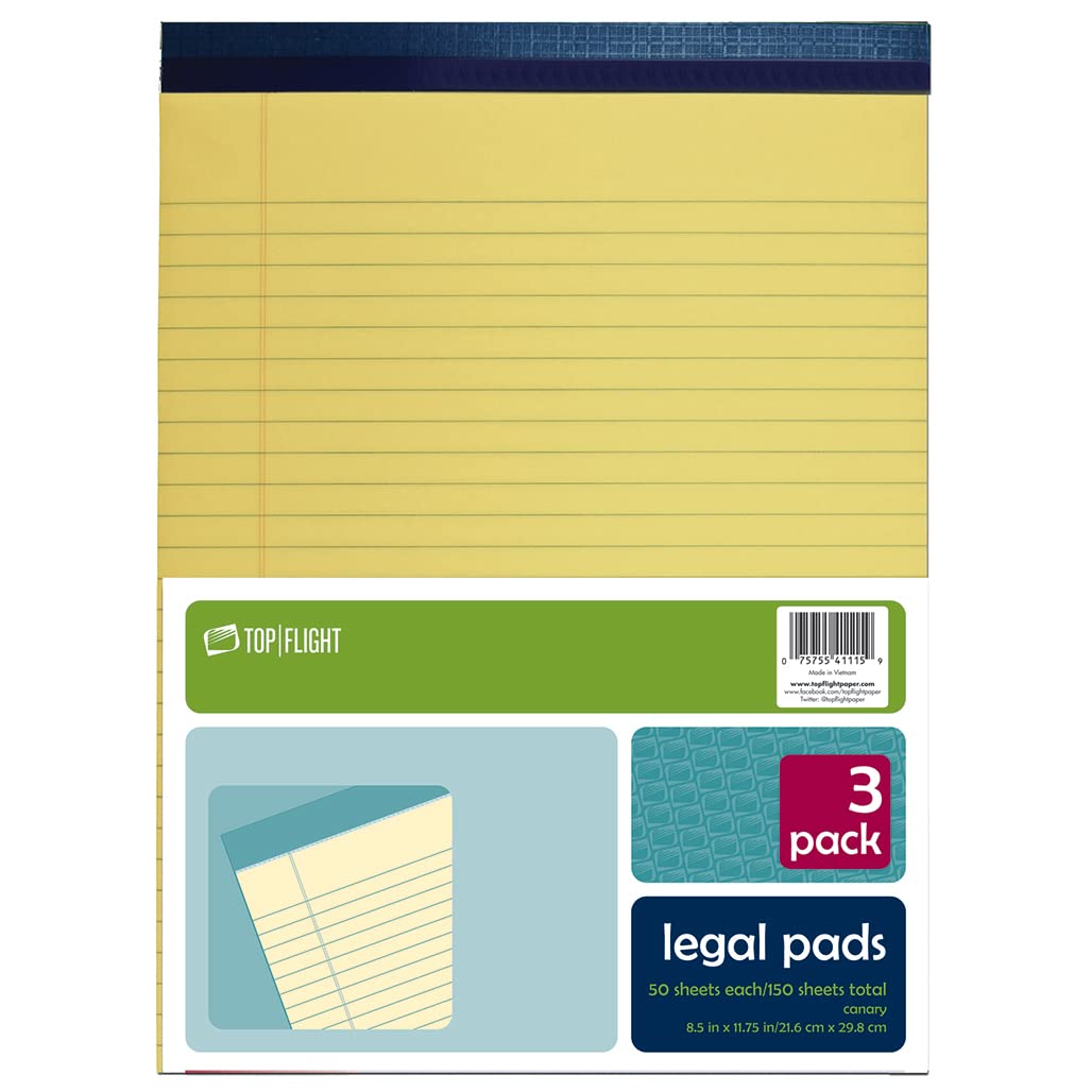 Top Flight Legal Pad, 8.5 X 11.75 Inches, 0.375 Inch Rule, Canary, 50 Sheets Per Pad, 3 Pads Per Pack (4513108)