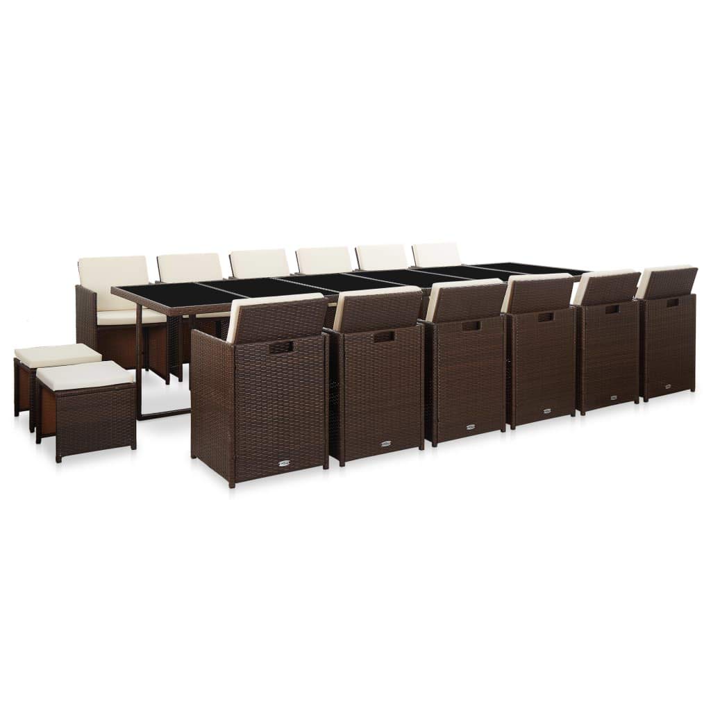 17 Piece Patio Dining Set with Cushions Poly Rattan Brown