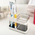 Inditradition Toothbrush Toothpaste Holder with Removable Cup | Bathroom Toiletries Organizer Stand (Acrylic, Beige)