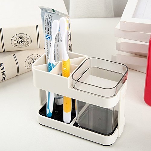 Inditradition Toothbrush Toothpaste Holder with Removable Cup | Bathroom Toiletries Organizer Stand (Acrylic, Beige)