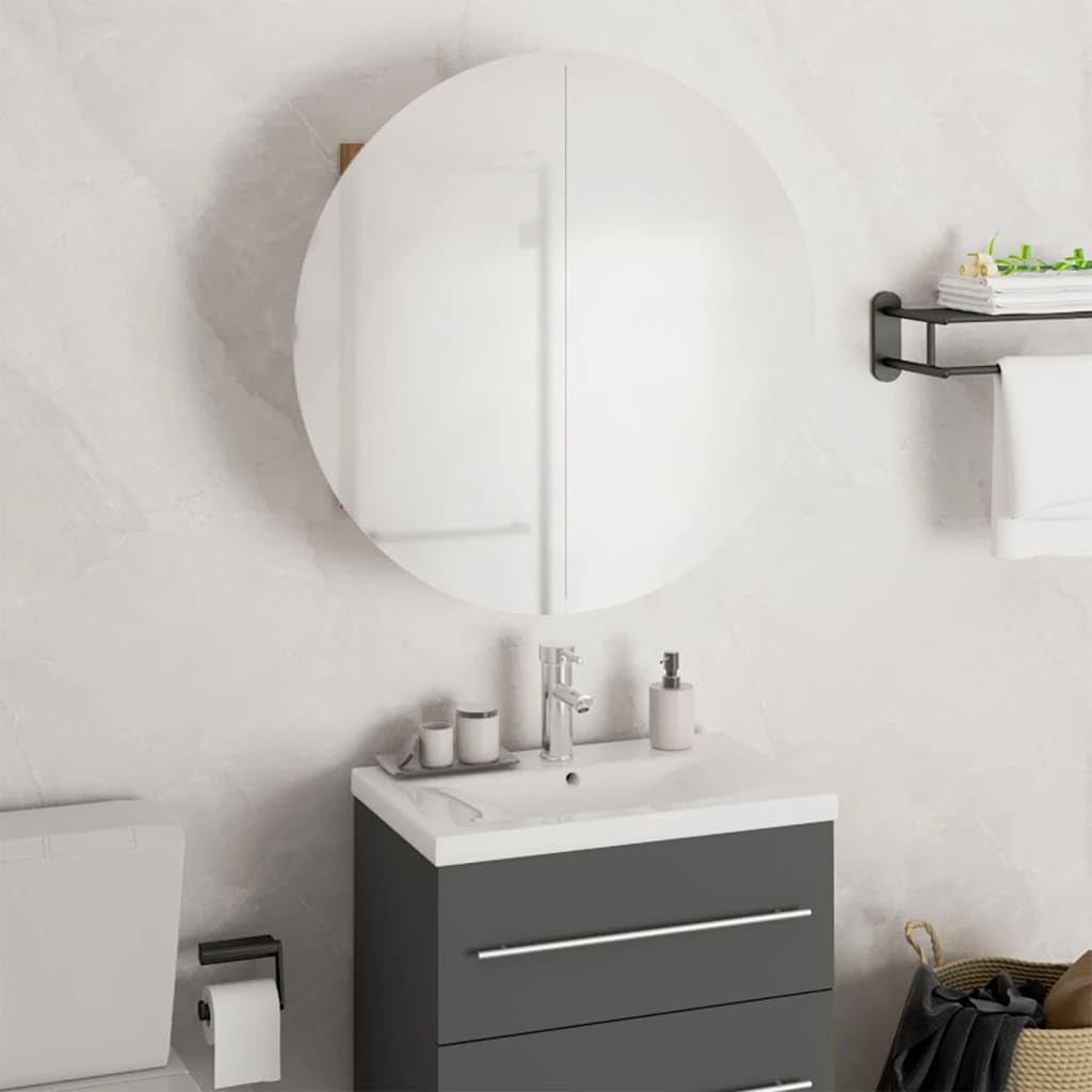 vidaXL Oak Bathroom Cabinet with Round Mirror and LED String, Wall-mounted Design, Large Compartments for Storage, Easy to Clean, 18.5&quot;x18.5&quot;x6.9&quot;
