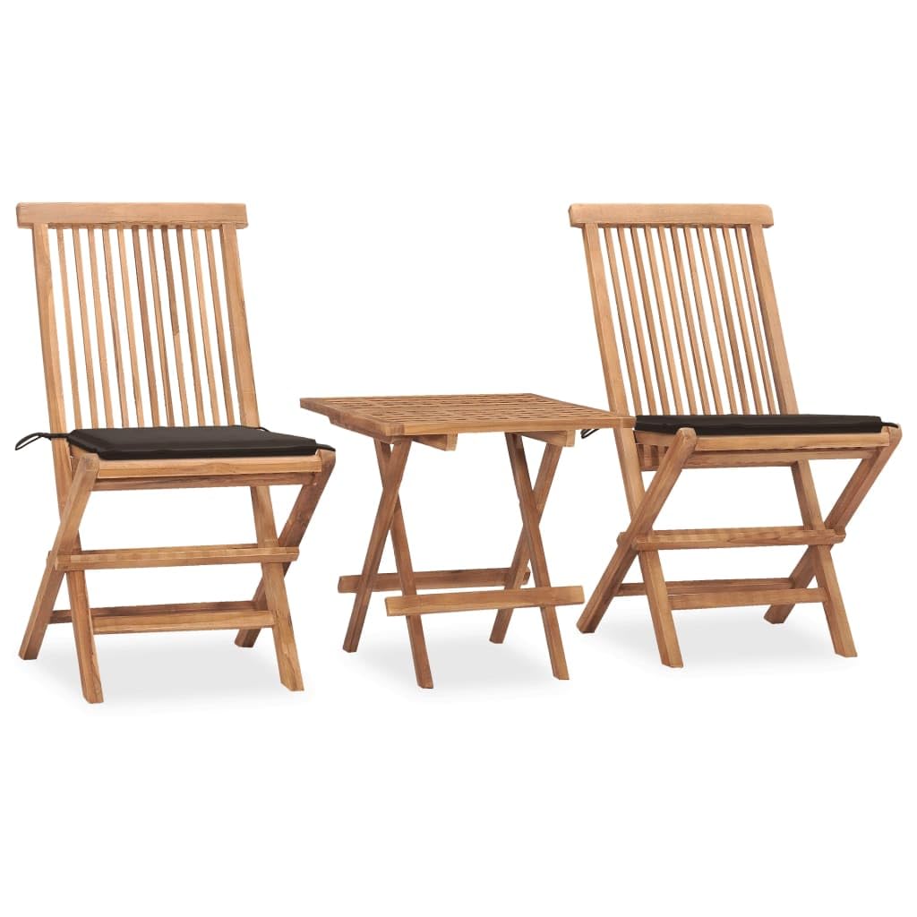 vidaXL 3 Piece Folding Patio Dining Set - Teak Wood Outdoor Furniture with Cushions - Compact, Durable, No Assembly Needed