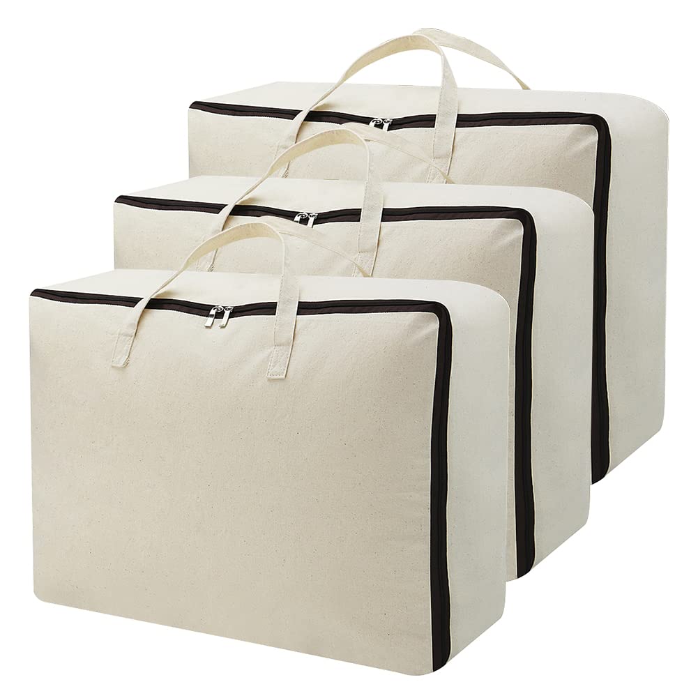 AMJ Set of 3, Canvas Storage Bag with 3Side Zip Open & Handles, 8OZ Thick Soft Breathable Closet Organizer for Beddings, House 