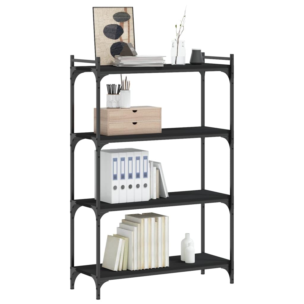 vidaXL 4-Tier Engineered Wood Bookcase with Metal Frame – Black, Adjustable Foot Pads, Industrial-Style Freestanding Book Stand for Living Room, Bedroom or Office, 31.5"x11.8"x47.2"