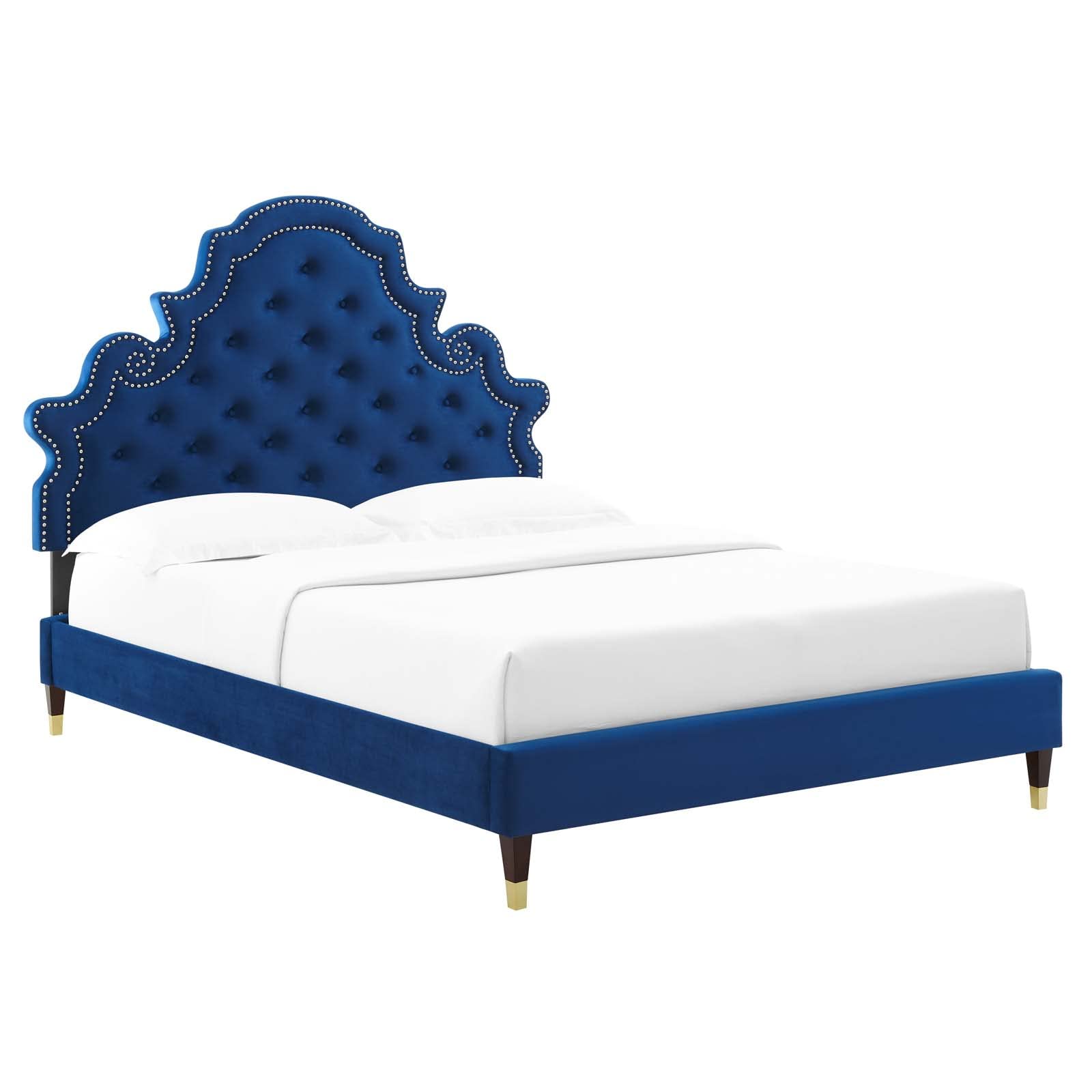 Modway Gwyneth Tufted Performance Velvet Queen Platform Bed in Navy with Wood and Gold Legs