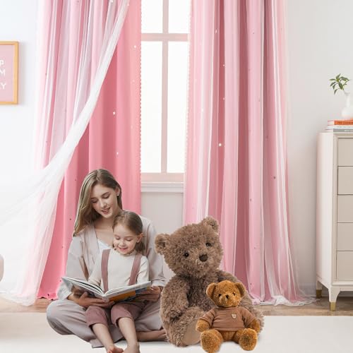 Yancorp Pink Curtains For Bedroom Living Room Thermal Insulated Kids Curtain Hollow-Out Star Window Nursery Curtain 63 Inches Length Room Darkening Grommet(Pink,52 * 63),1 Panel
