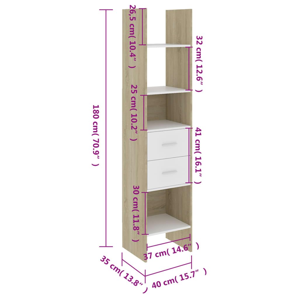 vidaXL Modern Book Cabinet - White and Sonoma Oak, Engineered Wood, 15.7&quot;x13.8&quot;x70.9&quot;, 4 Compartments and 2 Drawers