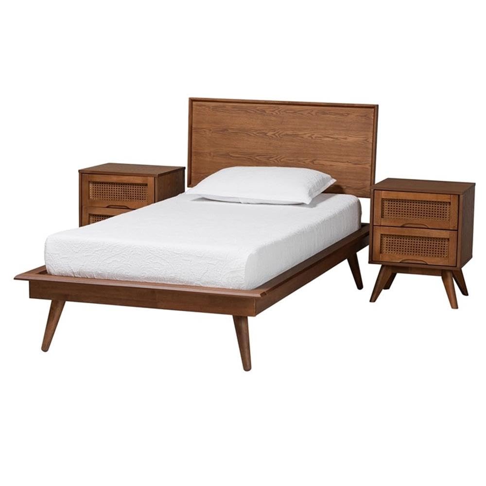 Baxton Studio Melora Mid-Century Modern Walnut Brown Finished Wood And Rattan Twin Size 3-Piece Bedroom Set