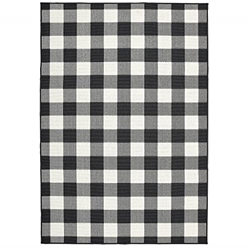 HomeRoots Polypropylene 9’x13’ Black and Ivory Gingham Indoor Outdoor Area Rug
