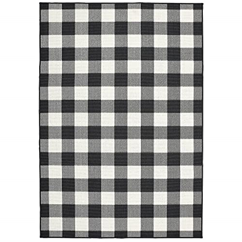 HomeRoots Polypropylene 7’x10’ Black and Ivory Gingham Indoor Outdoor Area Rug