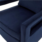 Comfort Pointe Questa Navy Blue Velvet Accent Arm Chair with Open Arms and Brown Legs