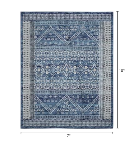 HomeRoots 100% Polypropylene 7’ x 10’ Navy Blue and Ivory Persian Motifs Area Rug