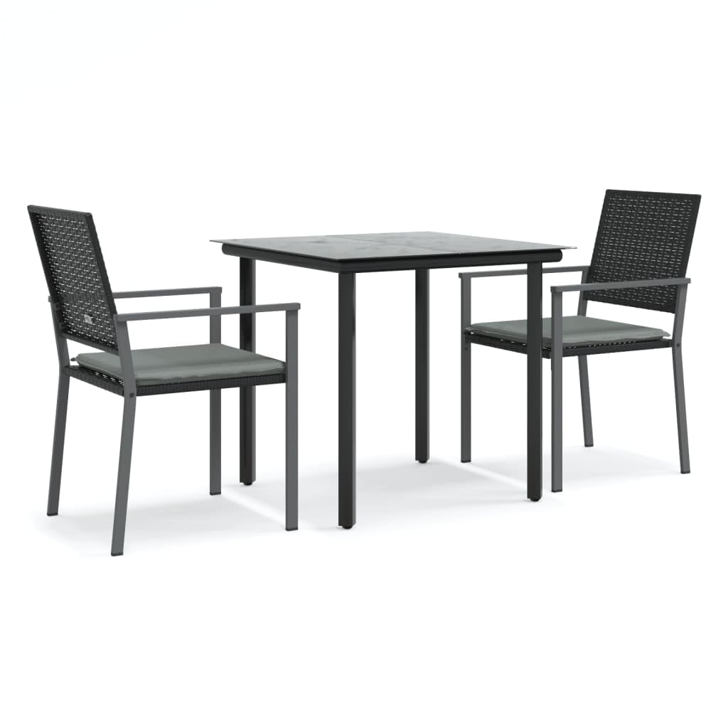 vidaXL 3 Piece Patio Dining Set - Poly Rattan and Steel Frame - Weather Resistant, Black Rattan Chairs and Black Glass Tabletop with Light Gray Cushions