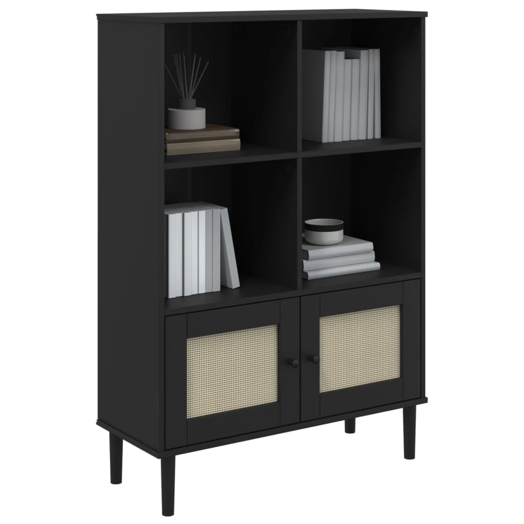 vidaXL SENJA Solid Pine Wood Bookcase - Black, Rattan Look Surface, Ample Storage Space, Handcrafted, Versatile for Office, Living Room, Bedroom