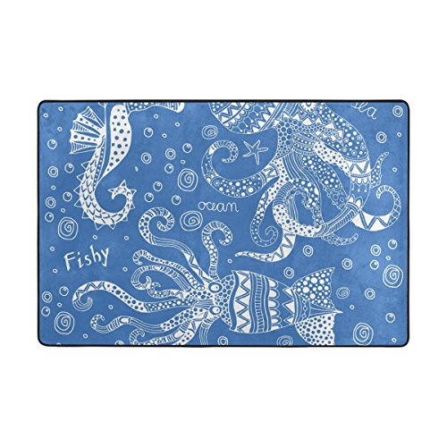 My Little Nest Area Rug Sea Horse Squid Octopus Lightweight Non-Slip Soft Mat 4' X 6', Memory Sponge Indoor Outdoor Decor Carpet For Entrance Living Room Bedroom Office Kitchen Hallway