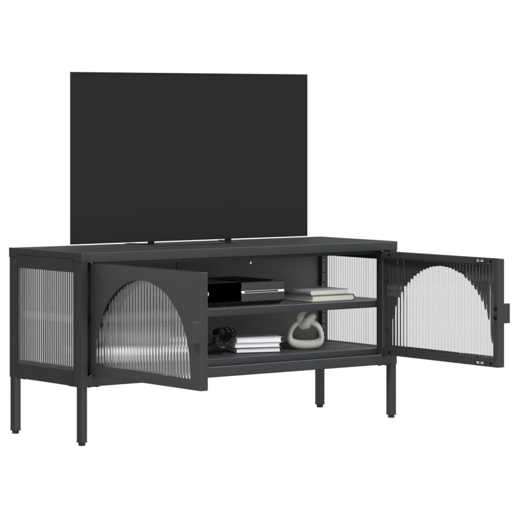 vidaXL Modern TV Stand – Black, Powder-Coated Steel and Fluted Glass, with Adjustable Shelf and Levelers, Ideal for TV and Stereo Systems, 41.3"x13.8"x19.7"