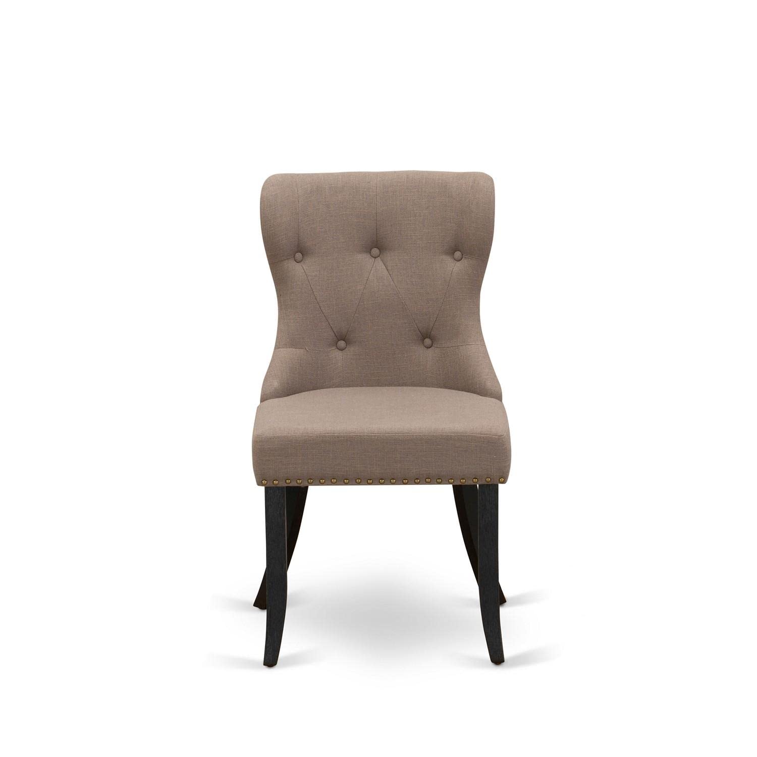 East West Furniture Sip6T48 Sion Parson Dining Room Chairs - Button Tufted Nailhead Trim Coffee Linen Fabric Padded Chairs, Set Of 2, Wirebrushed Black