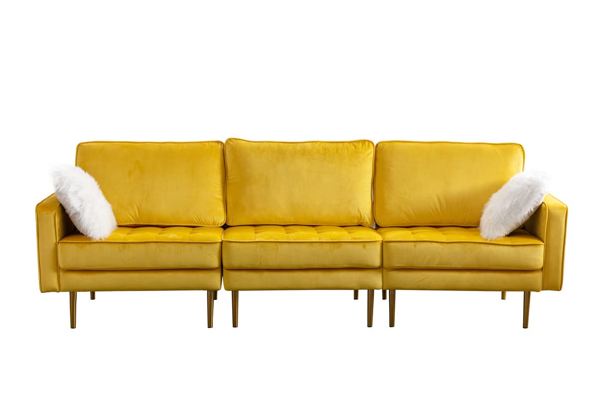 Lilola Home Theo Yellow Velvet Sofa with Pillows