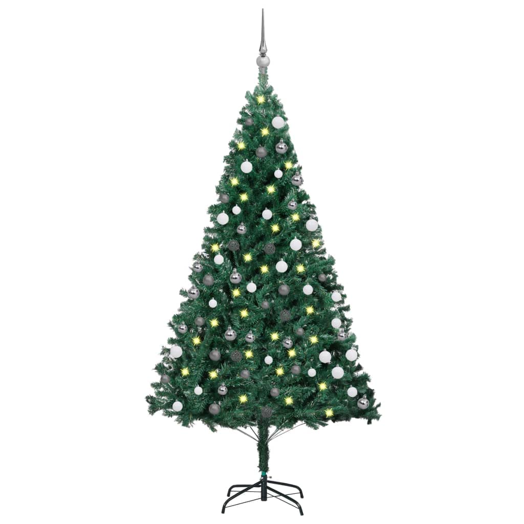 Vidaxl Artificial Pvc Christmas Tree With Lights And Ball Set, Green And Gray, Adjustable Branches, Metal Stand Included, 59.1&quot; Height, Economical And Lifelike