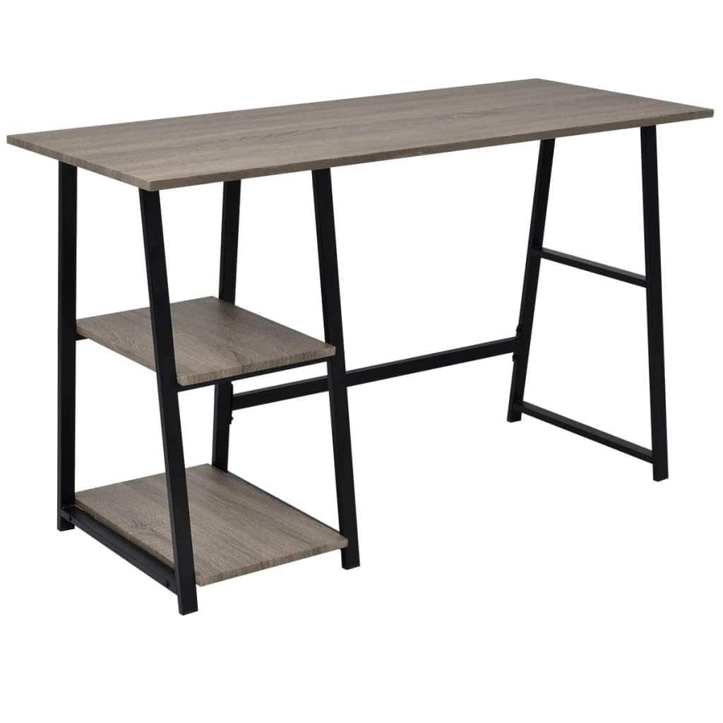 vidaXL-Sturdy Office Desk in Gray and Oak with Space-saving Design, Made from Durable MDF and Steel Frame, with Built-in 2-layer Storage Shelf