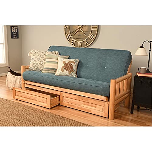 Kodiak Furniture Lodge Storage Futon with Linen Fabric Mattress in Natural/Blue