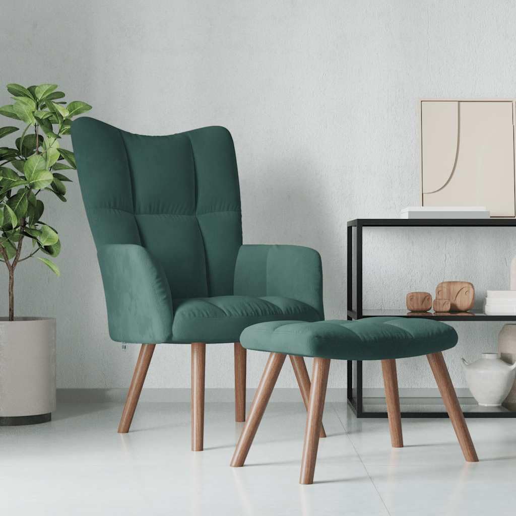 vidaXL Velvet Relaxing Chair with Stool in Dark Green - Modern Style, Steel Framed Armchair & Footstool Set, Suitable for Living Room, Bedroom, Lounge Area, and Office