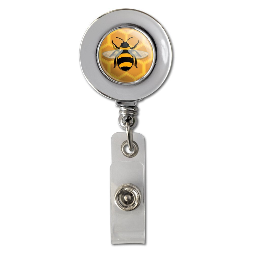 Bee On Honeycomb Retractable Reel Chrome Badge Id Card Holder Clip