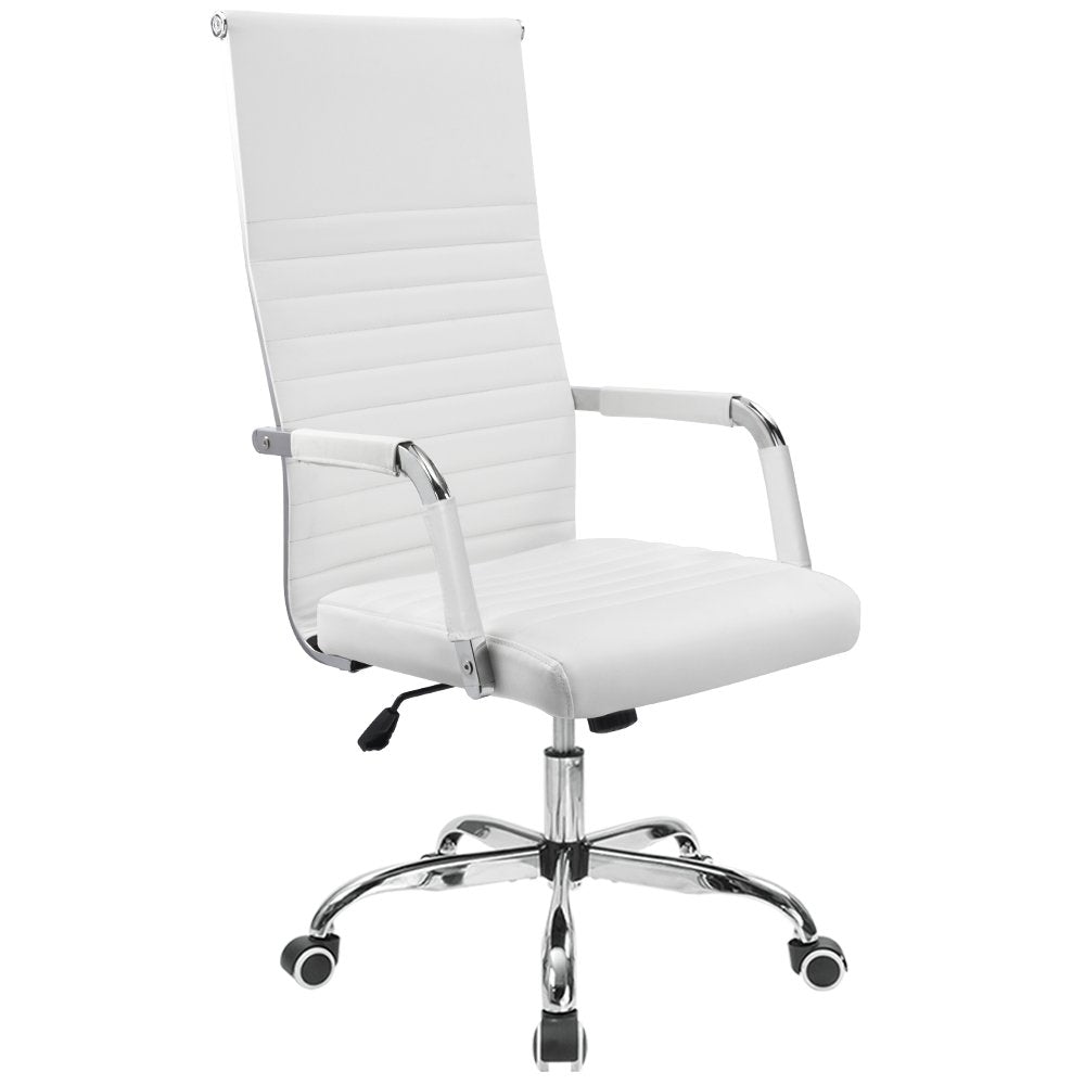 Furmax Ribbed Office Chair High Back Pu Leather Executive Conference Chair Adjustable Swivel Chair With Arms (White)