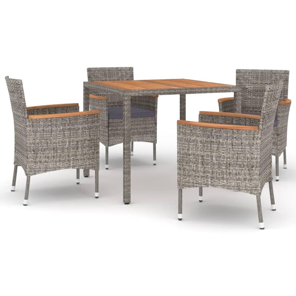 vidaXL 5 Piece Patio Dining Set with Cushions - Gray Poly Rattan & Solid Acacia Wood - Weather-Resistant Outdoor Furniture