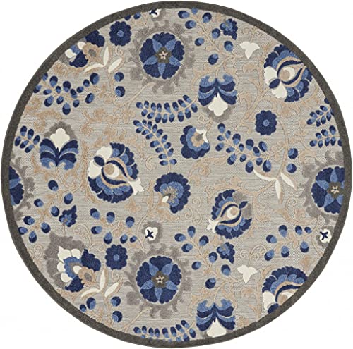 HomeRoots Natural/Blue 100% Polypropylene 5â?? Round Natural and Blue Indoor Outdoor Area Rug