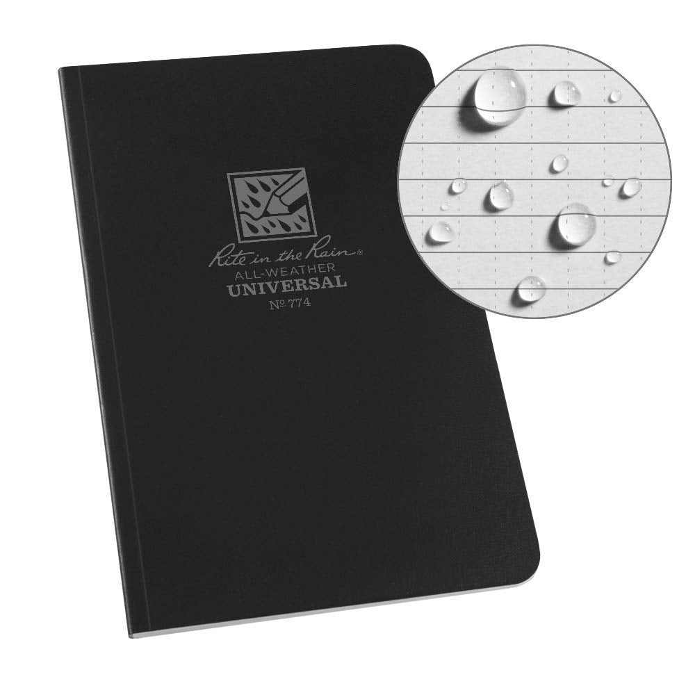 Rite In The Rain Weatherproof Soft Cover Notebook, Black Cover, Universal Pattern (No. 774), 7.25 X 4.625 X 0.375