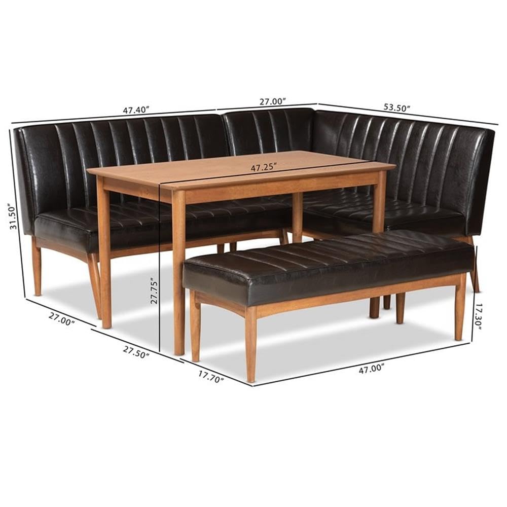 Baxton Studio Daymond Mid-Century Modern Dark Brown Faux Leather Upholstered and Walnut Brown Finished Wood 4-Piece Dining Nook Set