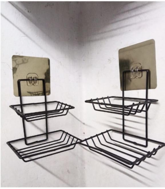 Wall Mounted Bathroom Organiser, 2Tier Wire Shelf Rack, Adhesive, Black