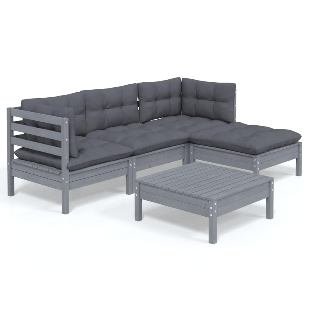 vidaXL Solid Pinewood Patio Lounge Set 5 Piece with Cushions Garden Outdoor Lawn Yard Terrace Balcony Wooden Seat Seating Furniture Gray