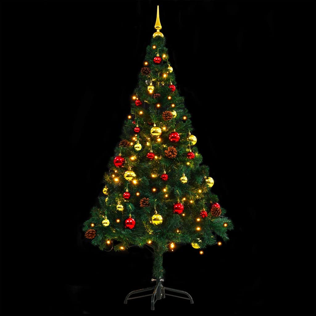 Vidaxl Artificial Christmas Tree With Baubles And Leds Holiday Home Living Room Office Garden Terrance Ornament Decor Xmas Decoration Green 5 Ft