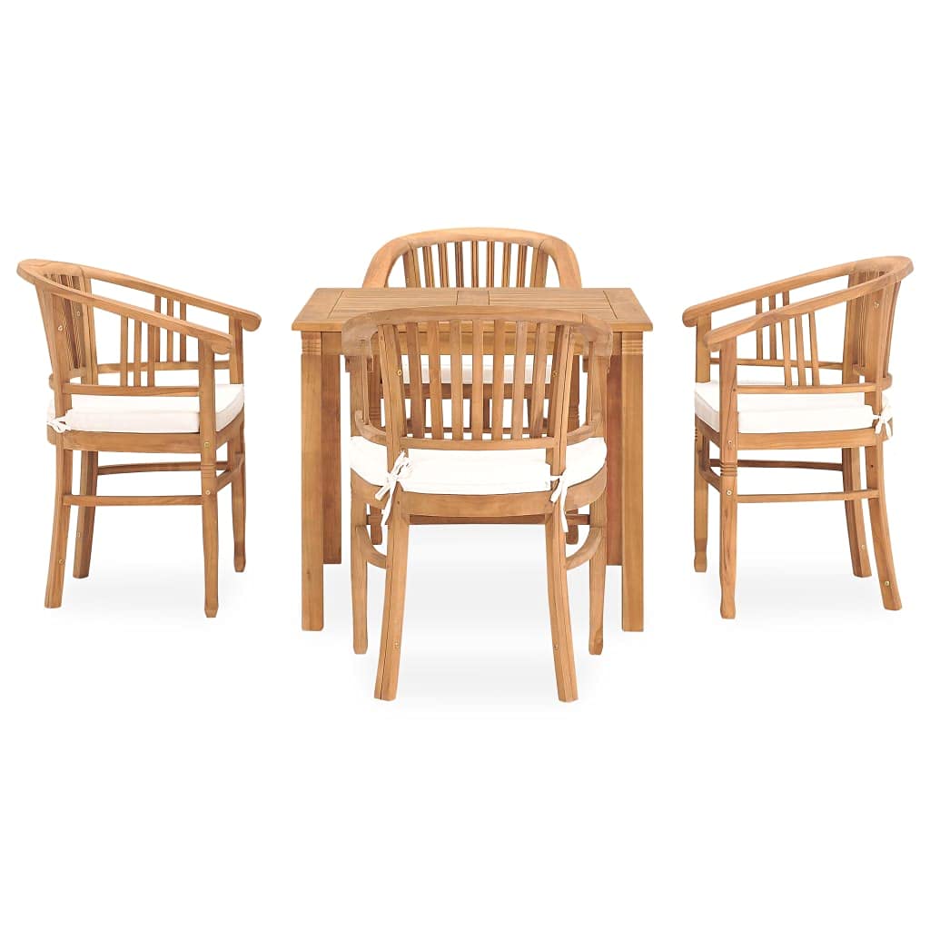 Vidaxl Solid Teak Wood Dining Set For Patio | 5 Pieces Weather-Resistant Outdoor Dining Table & Chairs Set With Cushions | Elegant Style - Cream White